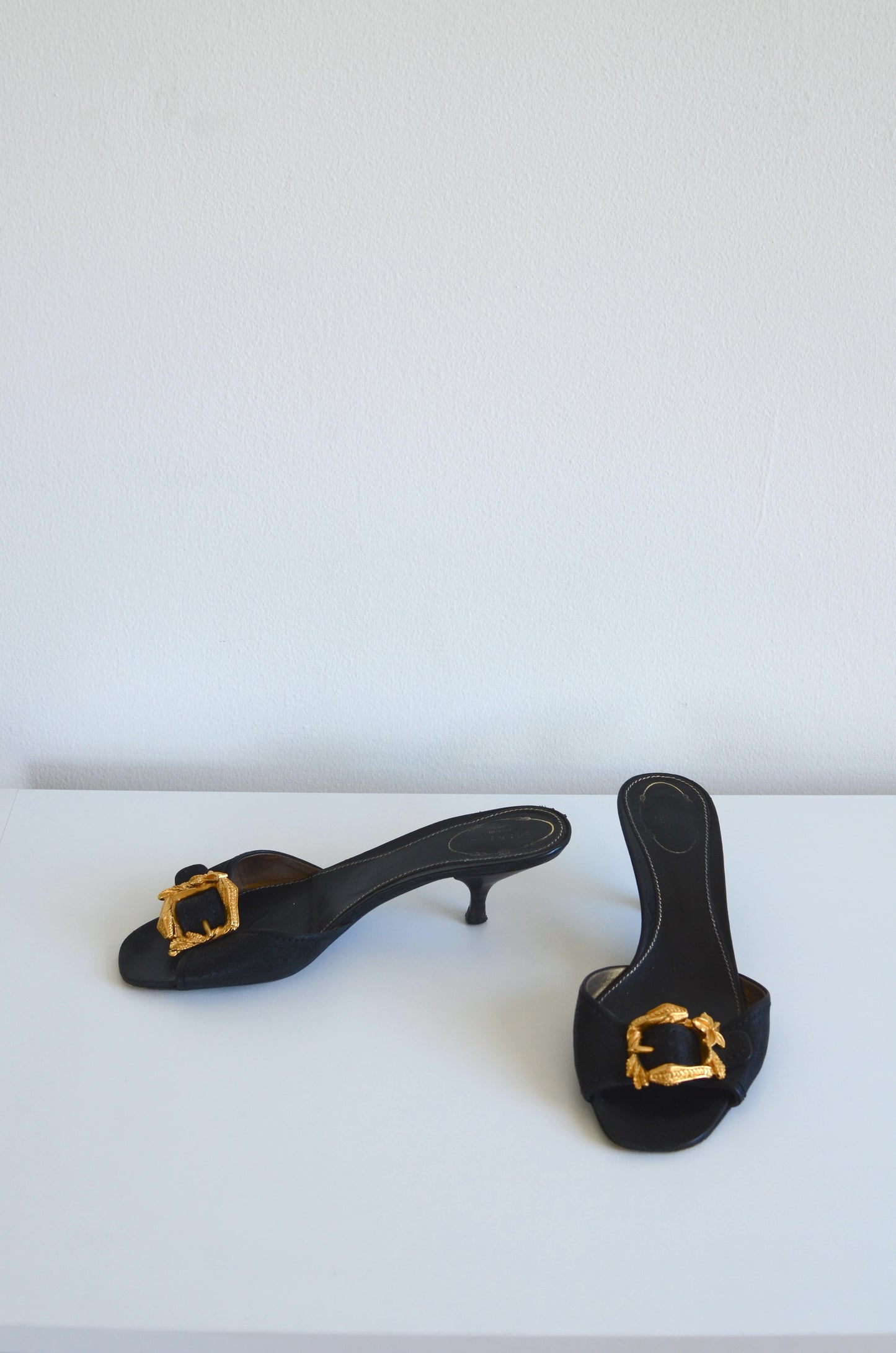Prada Gold Metal Snake Black Kitten Heels