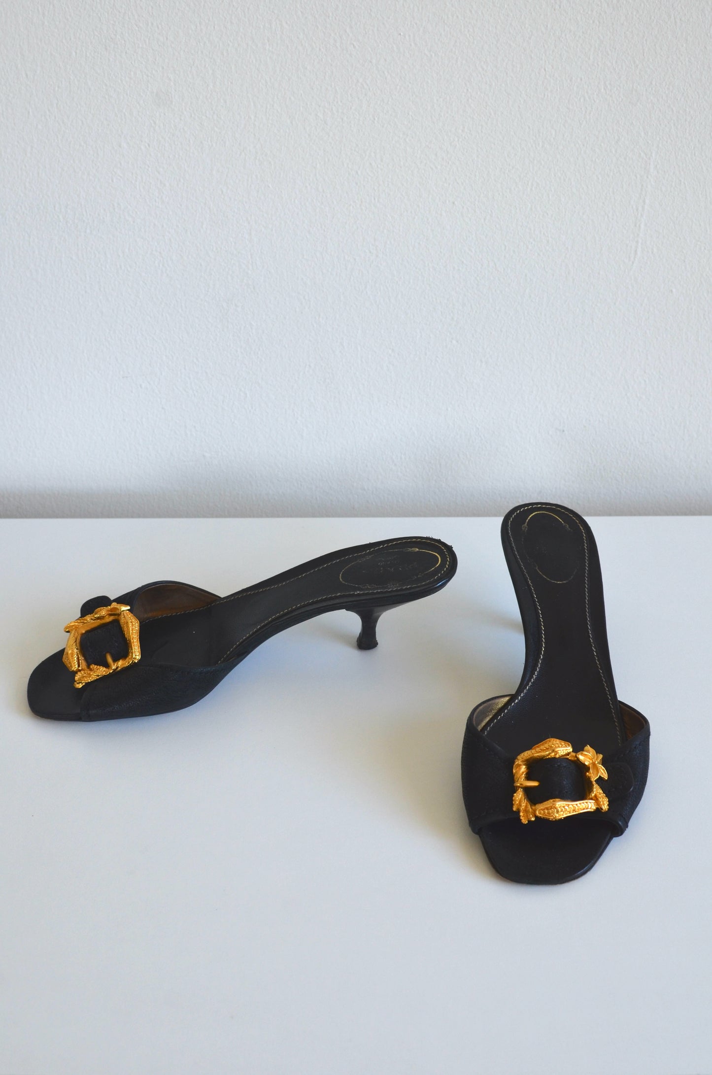 Prada Gold Metal Snake Black Kitten Heels