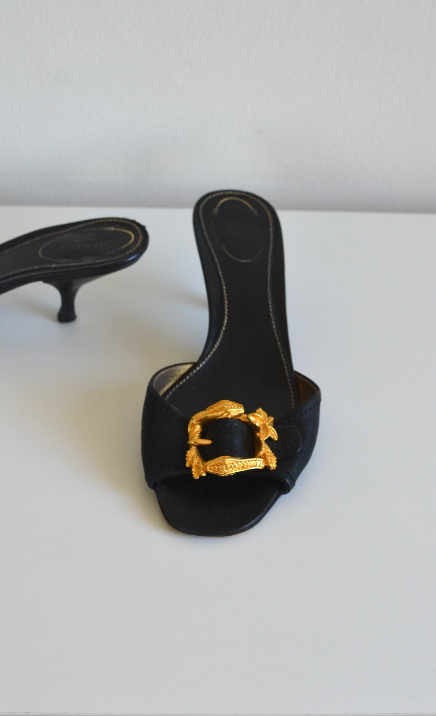 Prada Gold Metal Snake Black Kitten Heels