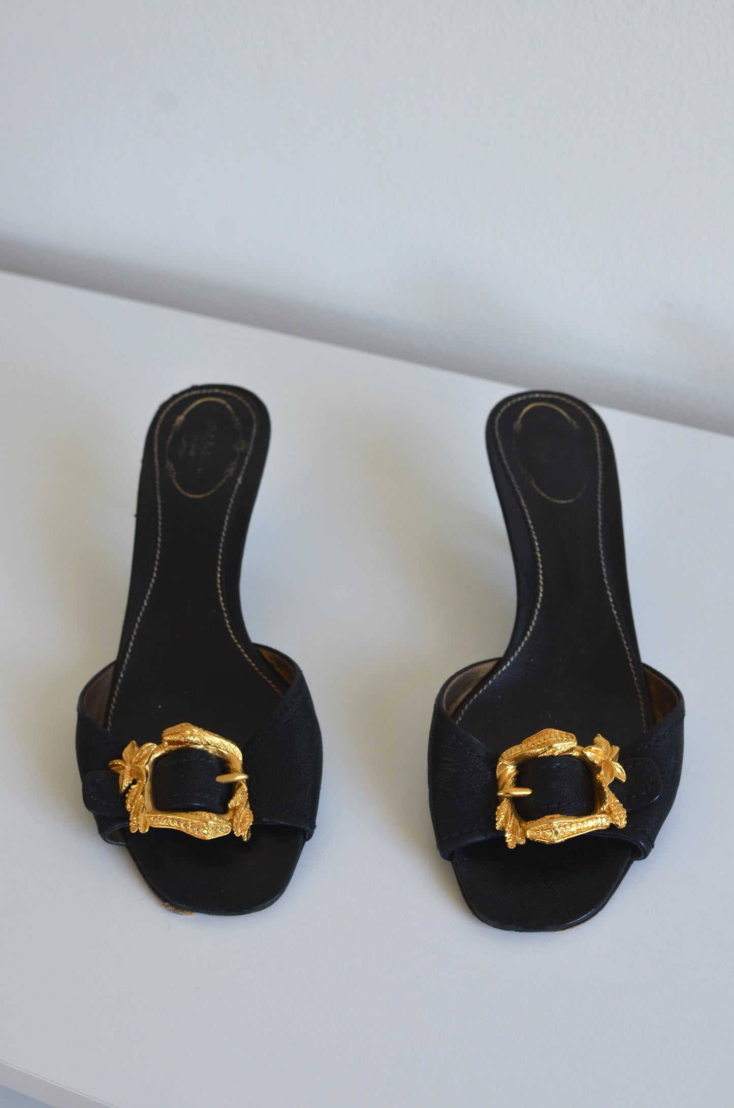 Prada Gold Metal Snake Black Kitten Heels