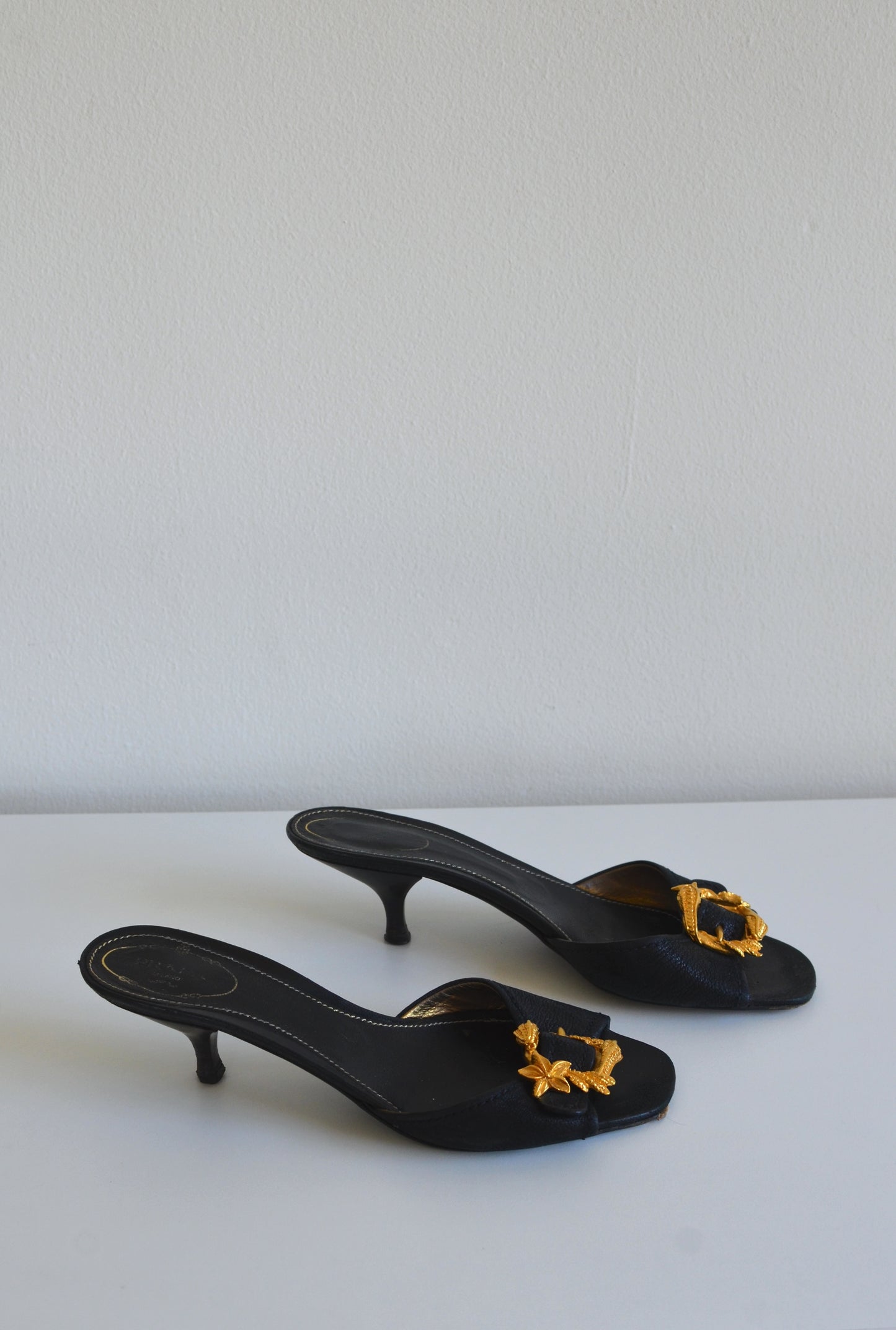 Prada Gold Metal Snake Black Kitten Heels