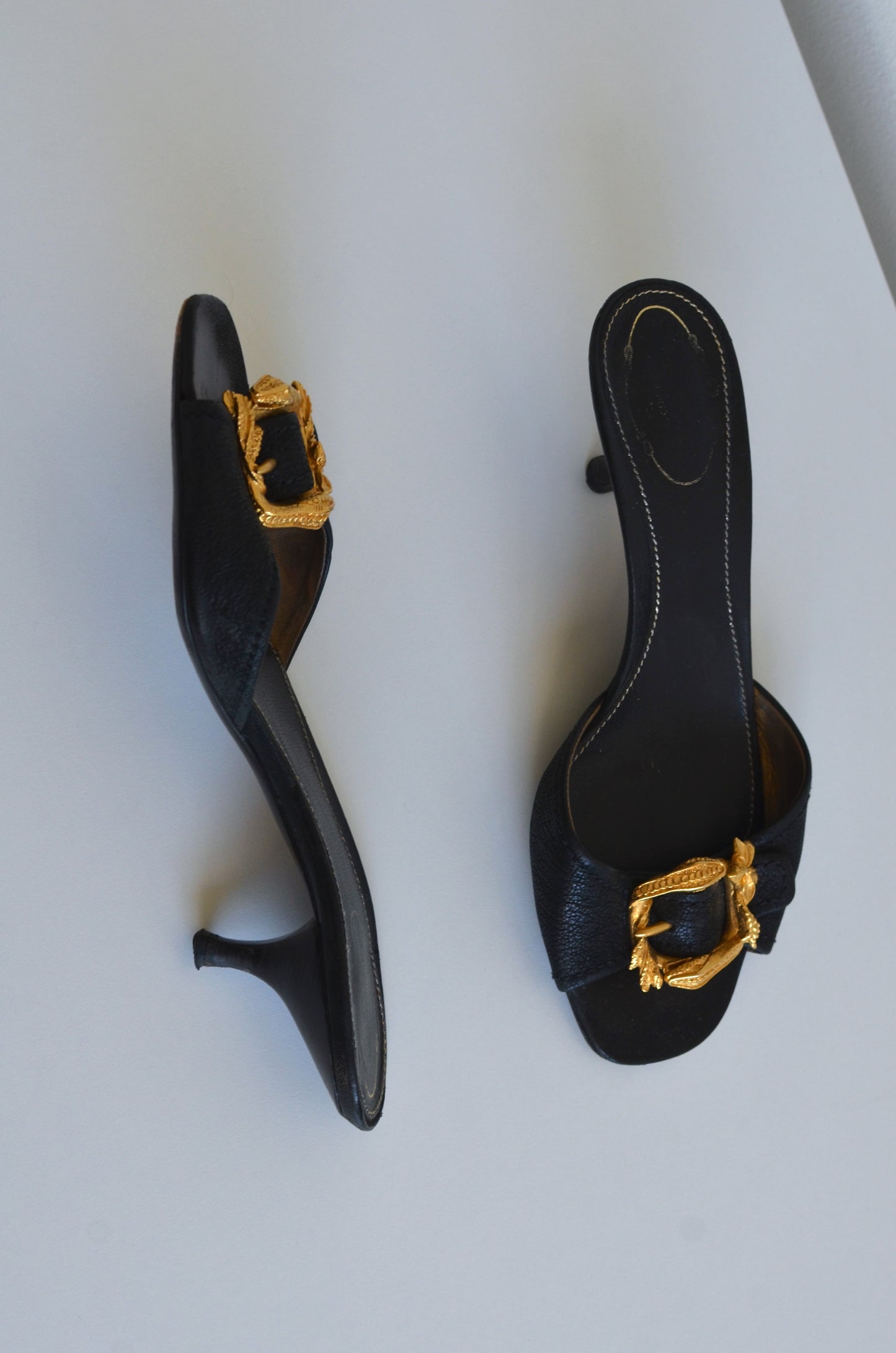 Prada Gold Metal Snake Black Kitten Heels