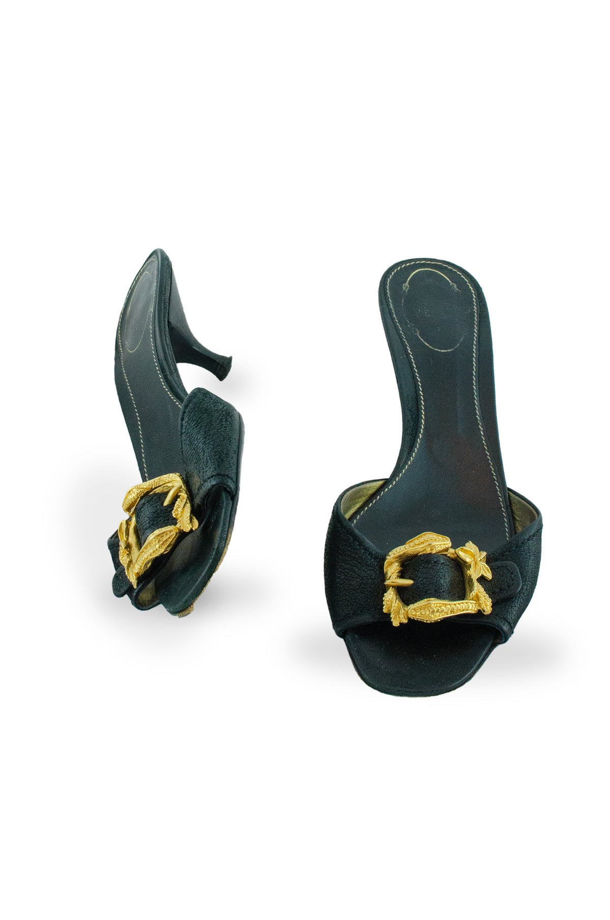 Prada Gold Metal Snake Black Kitten Heels