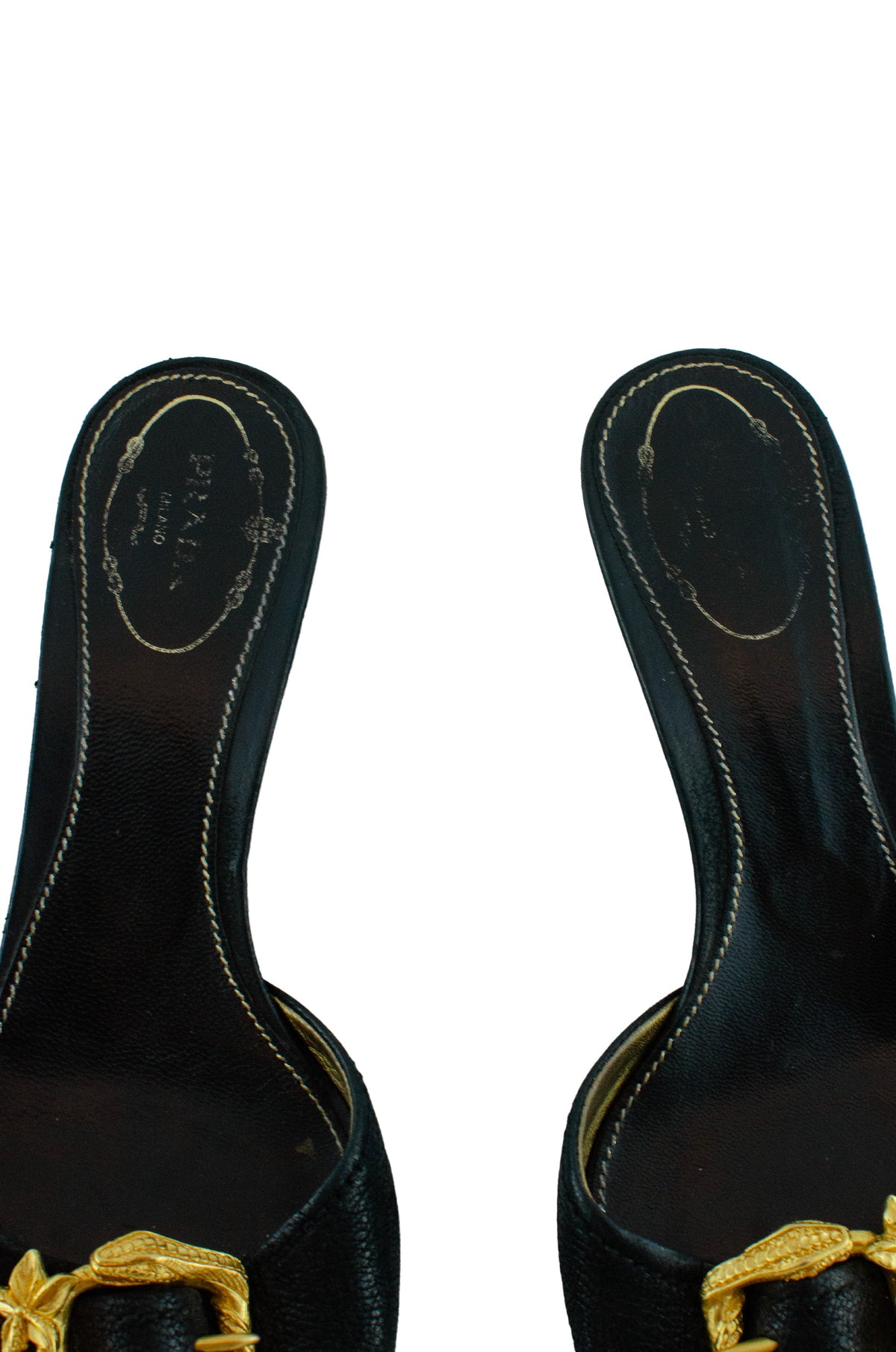 Prada Gold Metal Snake Black Kitten Heels